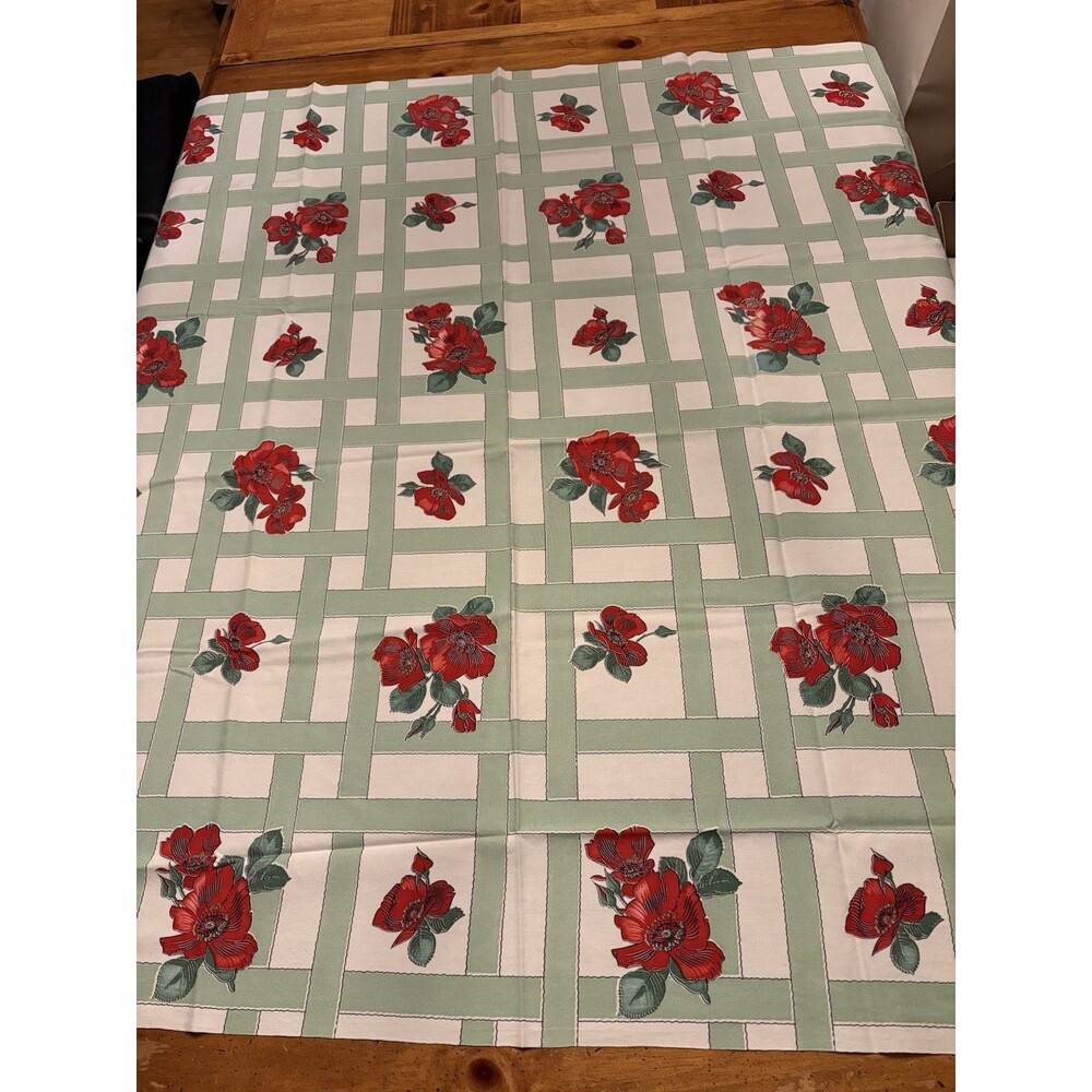 Vintage Cotton Tablecloth Wilendure (?) Floral Trellis Lattice Green Grid Poppy